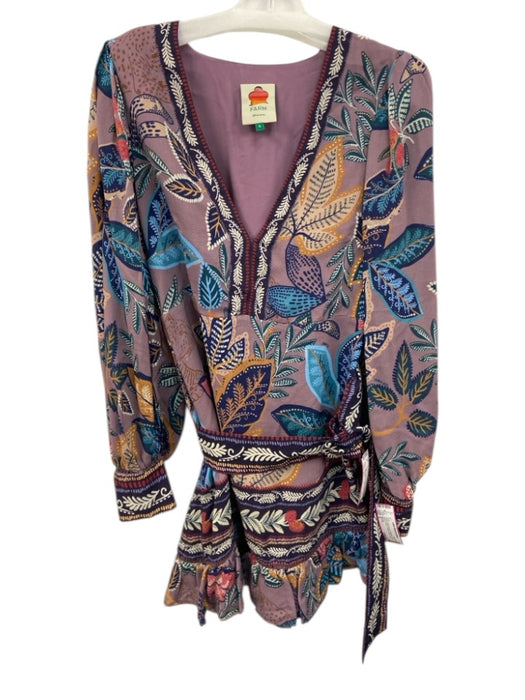 Farm Rio Size S Purple & Multi Viscose Botanical Long Balloon Sleeve Dress Purple & Multi / S