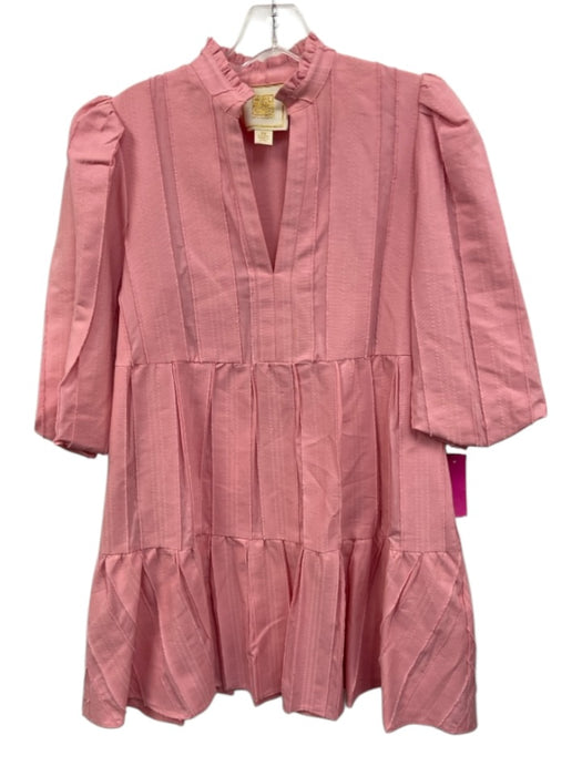 Emily McCarthy Size XS Bubblegum Pink Cotton Stripe 1/2 Puff Sleeve V Neck Dress Bubblegum Pink / XS