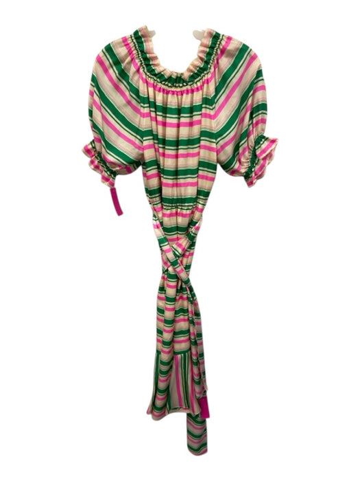 J. Crew Size 2 Beige, Pink & Green Silk Striped 1/2 Balloon Sleeve V Neck Dress Beige, Pink & Green / 2