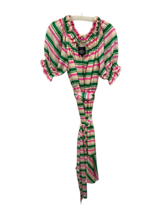 J. Crew Size 2 Beige, Pink & Green Silk Striped 1/2 Balloon Sleeve V Neck Dress Beige, Pink & Green / 2