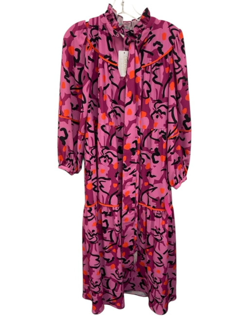 CROSBY by Mollie Burch Size S Pink, Black & Orange Polyester V Neck Tiered Dress Pink, Black & Orange / S
