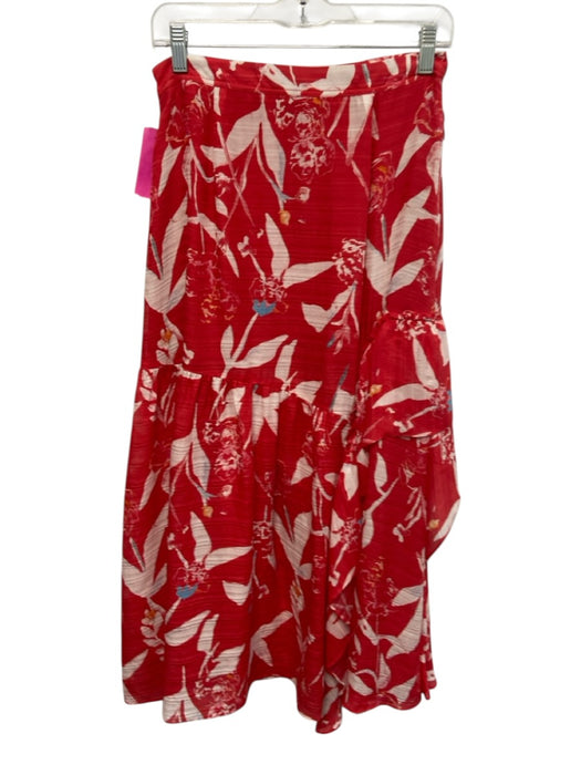 Tanya Taylor Size 6 Red & White Silk Botanical Ruffle Side Zip Midi Skirt Red & White / 6