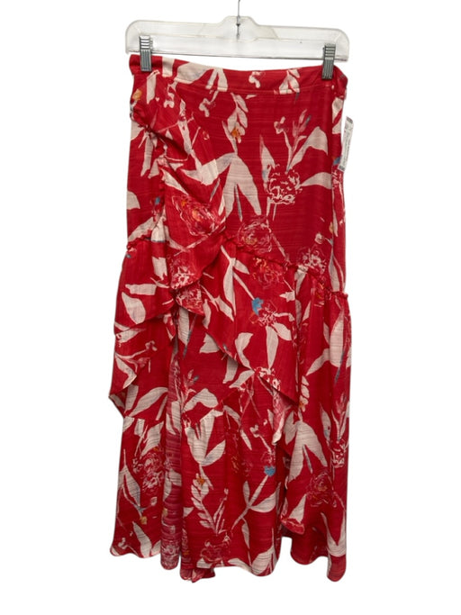 Tanya Taylor Size 6 Red & White Silk Botanical Ruffle Side Zip Midi Skirt Red & White / 6