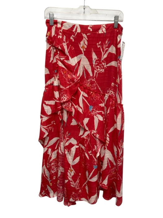 Tanya Taylor Size 6 Red & White Silk Botanical Ruffle Side Zip Midi Skirt Red & White / 6