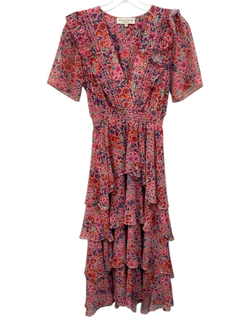 Hale Bob Size XS Red & Multi Polyester Short Sleeve Floral V Neck Dress Red & Multi / XS