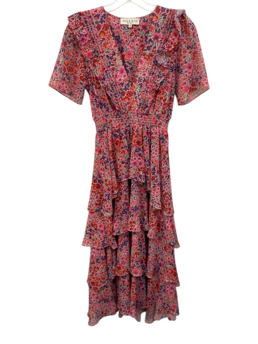 Hale Bob Size XS Red & Multi Polyester Short Sleeve Floral V Neck Dress Red & Multi / XS