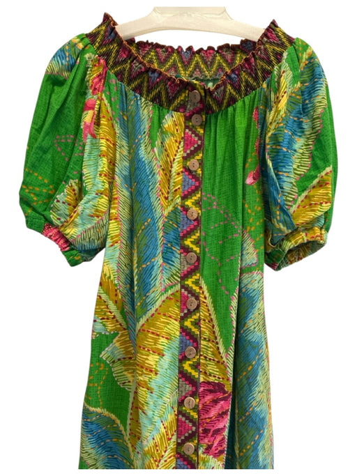 Farm Rio Size XS Green & Multi Linen Blend 1/2 Balloon Sleeve Off Shoulder Dress Green & Multi / XS
