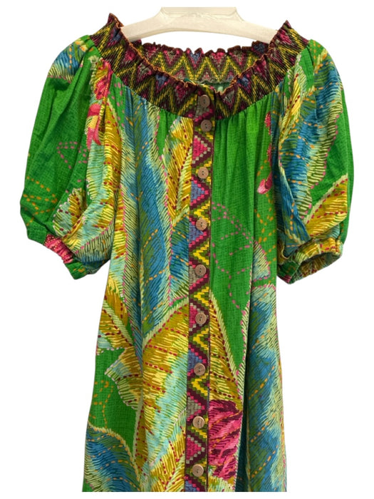 Farm Rio Size XS Green & Multi Linen Blend 1/2 Balloon Sleeve Off Shoulder Dress Green & Multi / XS