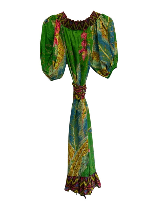 Farm Rio Size XS Green & Multi Linen Blend 1/2 Balloon Sleeve Off Shoulder Dress Green & Multi / XS