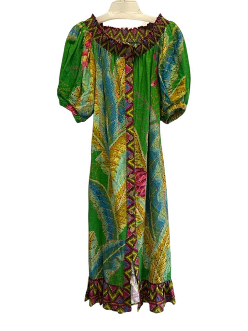 Farm Rio Size XS Green & Multi Linen Blend 1/2 Balloon Sleeve Off Shoulder Dress Green & Multi / XS
