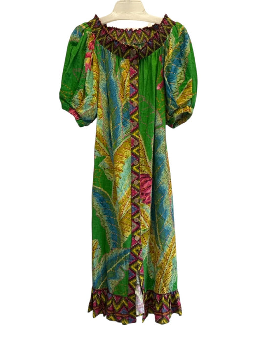 Farm Rio Size XS Green & Multi Linen Blend 1/2 Balloon Sleeve Off Shoulder Dress Green & Multi / XS