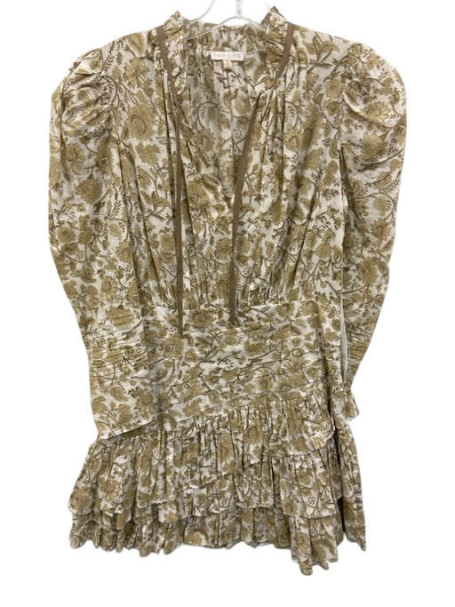 Anna Cate Size XS White & Beige Cotton Floral Long Sleeve Tie V Neck Dress White & Beige / XS
