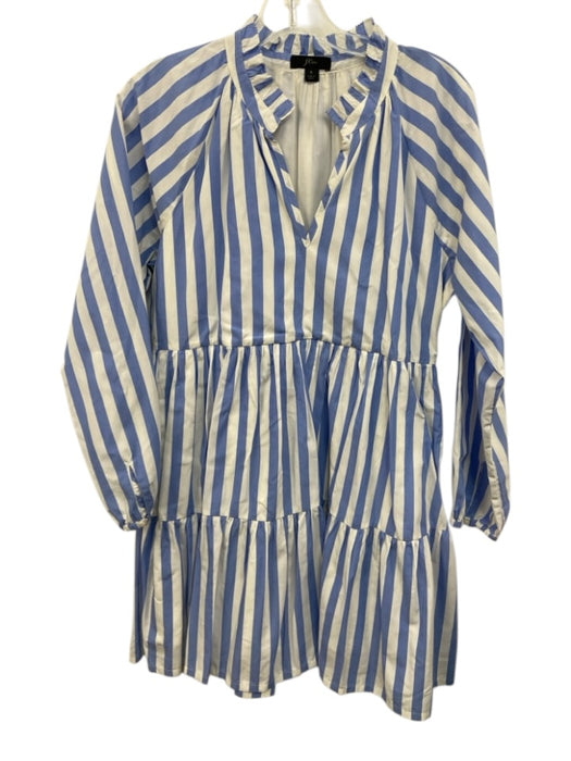 J. Crew Size S White & Blue Cotton Striped Long Sleeve V Neck Tiered Dress White & Blue / S