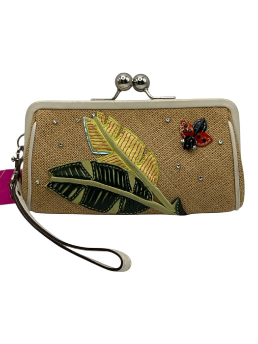 Coach Beige & Multi Woven Wristlet Application Flora & Fauna Print Coin Purse Beige & Multi