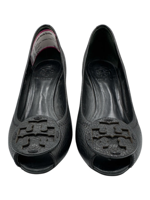 Tory Burch Shoe Size 5.5 Black Leather Pebbled Peep Toe Logo Wedges Black / 5.5