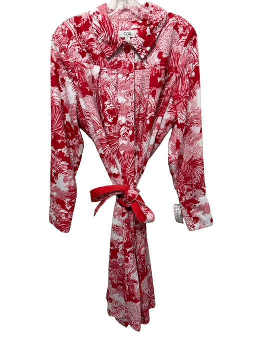 COS Size 10 Red & White Polyester Long Balloon Sleeve Jungle Print Midi Dress Red & White / 10
