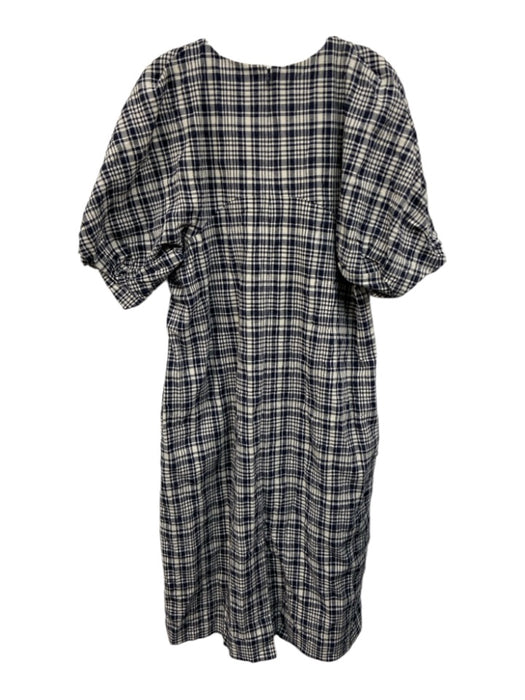 COS Size 14 Navy blue & Cream Cotton Blend Seersucker Plaid Midi Dress Navy blue & Cream / 14