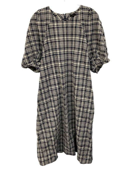 COS Size 14 Navy blue & Cream Cotton Blend Seersucker Plaid Midi Dress Navy blue & Cream / 14