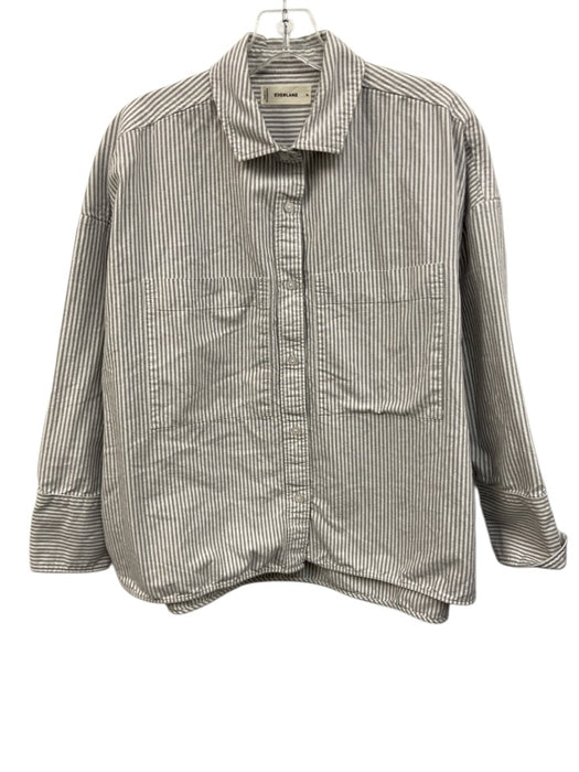 Everlane Size M Gray & White Organic Cotton Patch Pockets Stripe Long Sleeve Top Gray & White / M