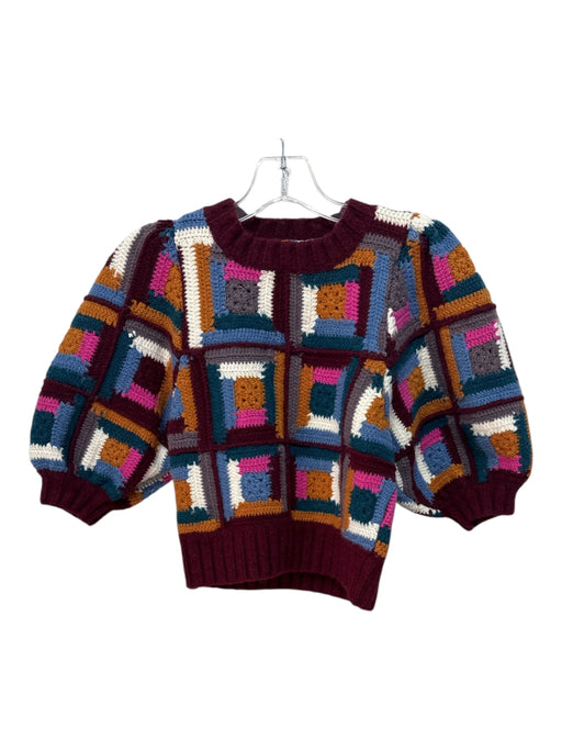 Sea New York Size M Burgundy Red & Multi Wool 1/2 Sleeve Knit Sweater Burgundy Red & Multi / M