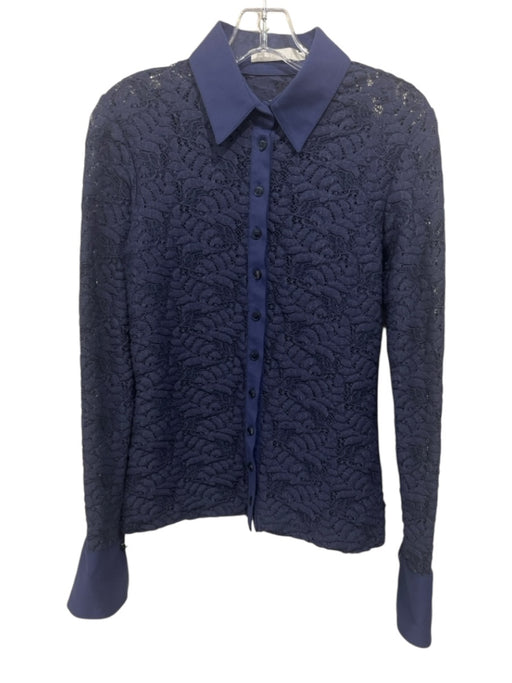 Anne Fontaine Size 42 Navy Cotton Blend Lace Button Front Long Sleeve Top Navy / 42