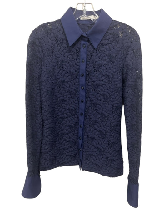Anne Fontaine Size 42 Navy Cotton Blend Lace Button Front Long Sleeve Top Navy / 42