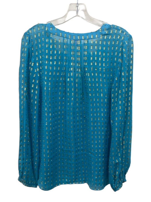 Lily Pulitzer Size M Blue Silk Blend Gold Thread V Neck Long Sleeve Top Blue / M