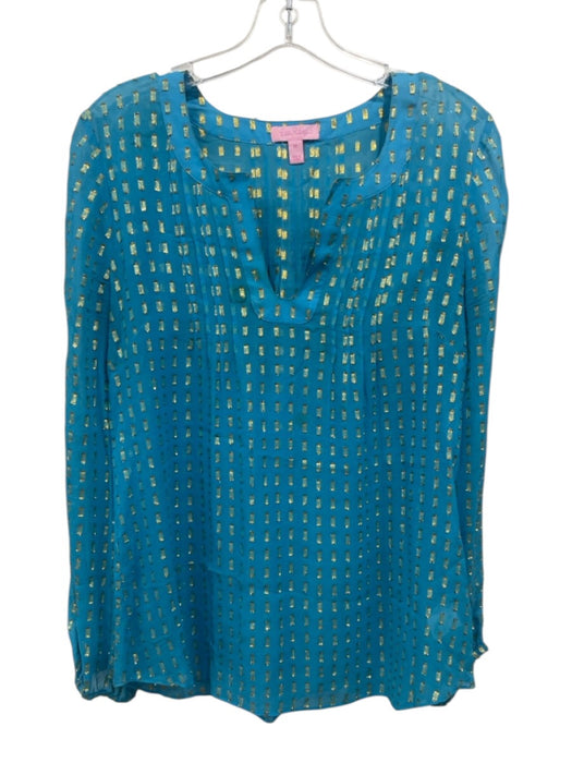 Lily Pulitzer Size M Blue Silk Blend Gold Thread V Neck Long Sleeve Top Blue / M