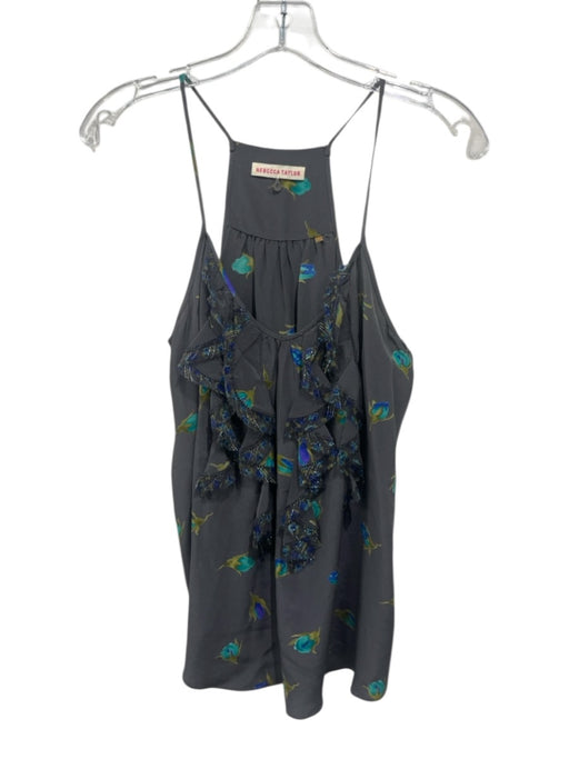Rebecca Taylor Size 8 Grey & Multi Silk Sleeveless Floral Print Ruffles Top Grey & Multi / 8