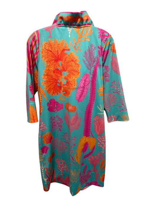Gretchen Scott Size L Teal & Multi Poly Blend Ruffle Collar Printed Dress Teal & Multi / L