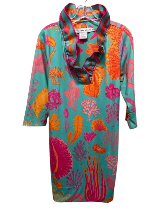 Gretchen Scott Size L Teal & Multi Poly Blend Ruffle Collar Printed Dress Teal & Multi / L