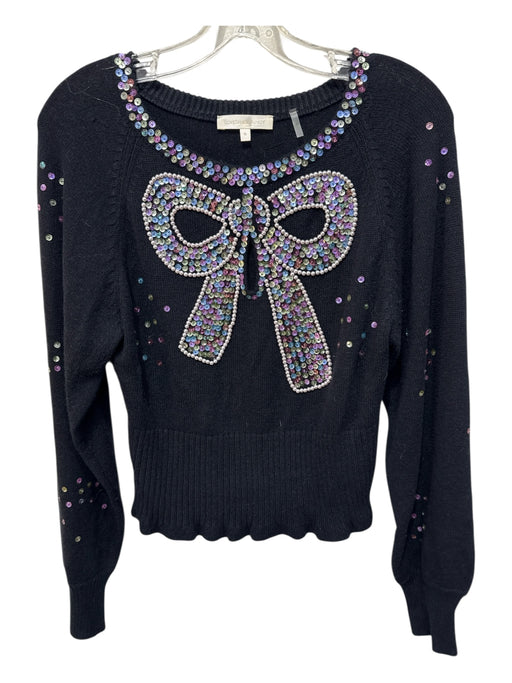 Loveshackfancy Size M Black & Multi Nylon Blend Sequined Bow Round Neck Sweater Black & Multi / M
