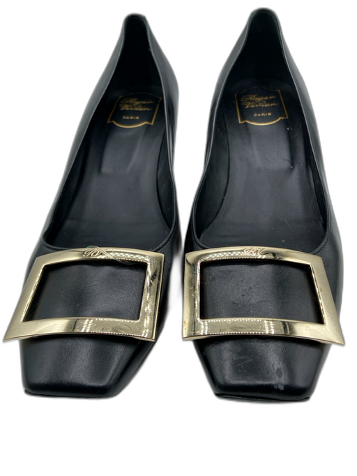 Roger Vivier Shoe Size 40.5 Black Leather silver tone hardware Buckle Pumps Black / 40.5