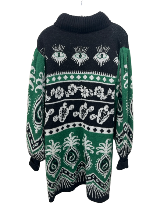Farm Rio Size L Black, Green & White Acrylic & Wool Blend Knit Turtleneck Dress Black, Green & White / L