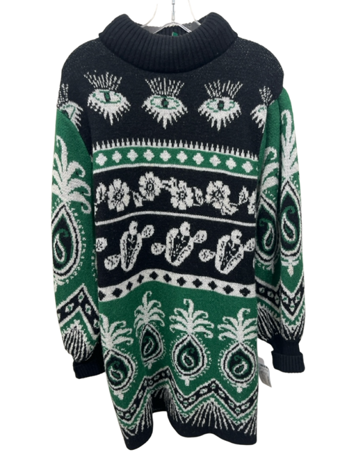 Farm Rio Size L Black, Green & White Acrylic & Wool Blend Knit Turtleneck Dress Black, Green & White / L