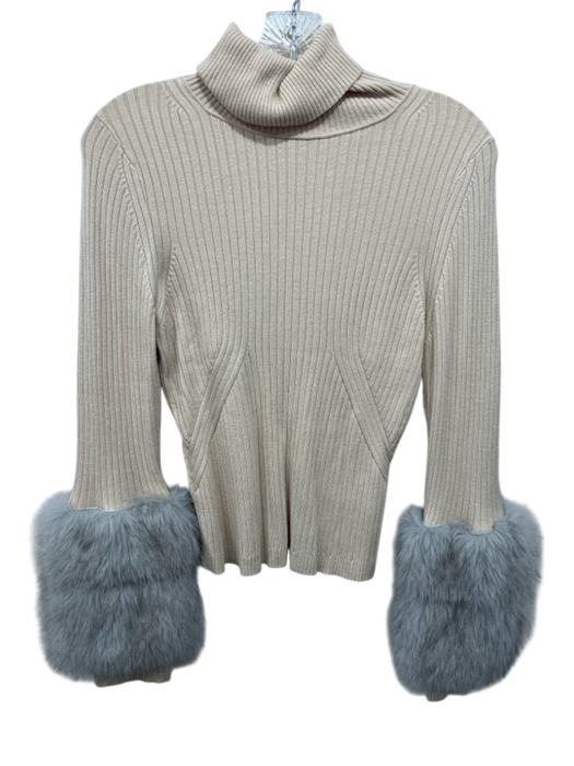 Maeve Size M Cream & Gray Viscose & Nylon Faux Fur Cuff Rib Knit Sweater Cream & Gray / M