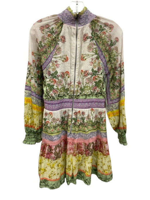 Alice + Olivia Size 6 Purple, Green, Multi Cotton Long puff sleeve Mini Dress Purple, Green, Multi / 6