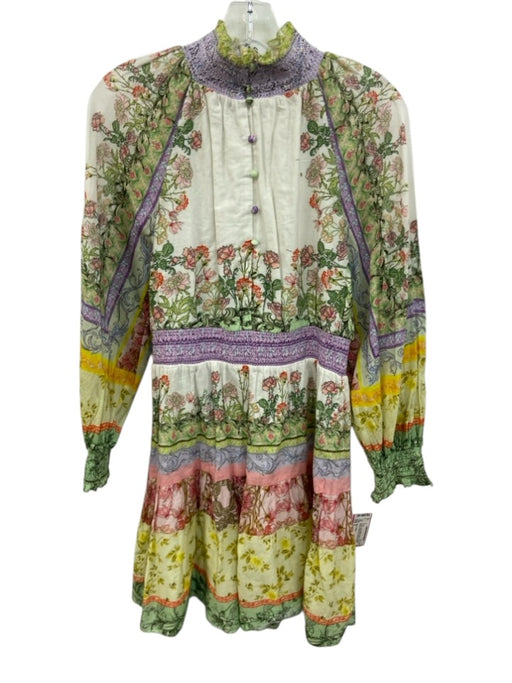 Alice + Olivia Size 6 Purple, Green, Multi Cotton Long puff sleeve Mini Dress Purple, Green, Multi / 6