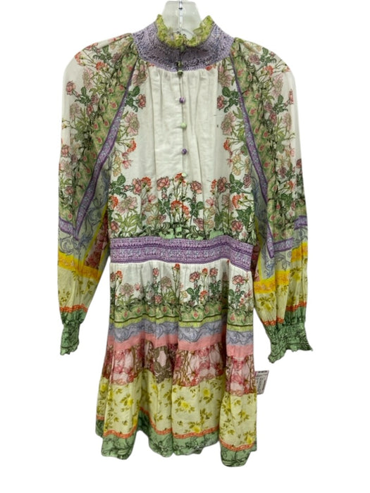 Alice + Olivia Size 6 Purple, Green, Multi Cotton Long puff sleeve Mini Dress Purple, Green, Multi / 6