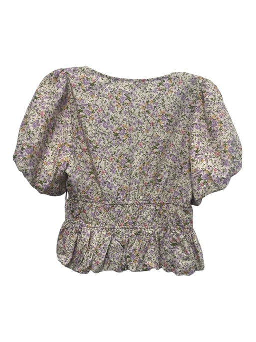 ASTR Size Medium Purple, Green, Pink Cotton Short Puff Sleeve Floral Cropped Top Purple, Green, Pink / Medium