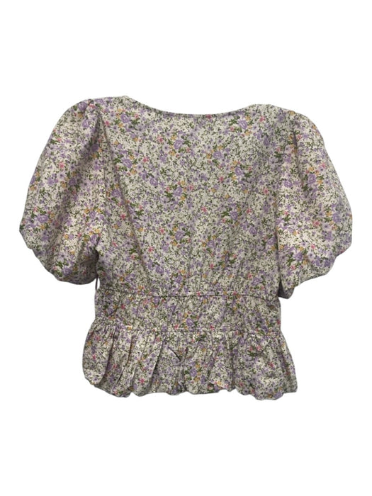 ASTR Size Medium Purple, Green, Pink Cotton Short Puff Sleeve Floral Cropped Top Purple, Green, Pink / Medium