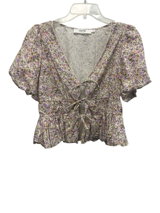 ASTR Size Medium Purple, Green, Pink Cotton Short Puff Sleeve Floral Cropped Top Purple, Green, Pink / Medium