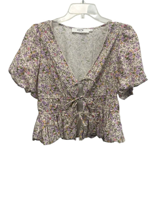 ASTR Size Medium Purple, Green, Pink Cotton Short Puff Sleeve Floral Cropped Top Purple, Green, Pink / Medium