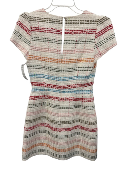 Milly Size 2 White & Multi Cotton Blend Short Sleeve Tweed V Neck Mini Dress White & Multi / 2