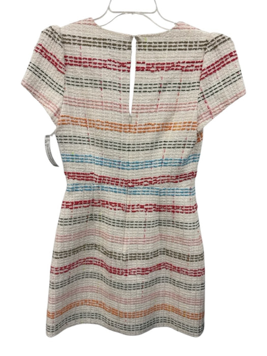 Milly Size 2 White & Multi Cotton Blend Short Sleeve Tweed V Neck Mini Dress White & Multi / 2