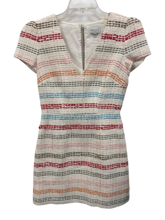 Milly Size 2 White & Multi Cotton Blend Short Sleeve Tweed V Neck Mini Dress White & Multi / 2