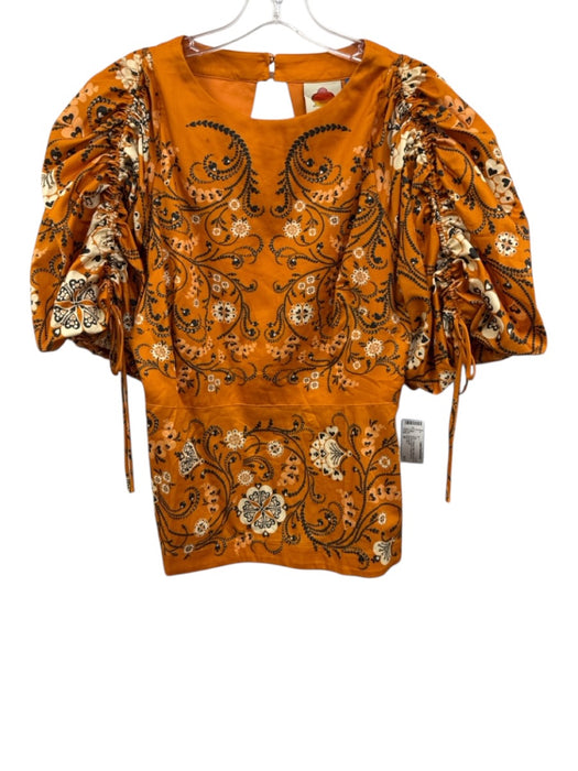 Farm Rio Size M Orange, Black, White Viscose Half Balloon Sleeve Paisley Top Orange, Black, White / M