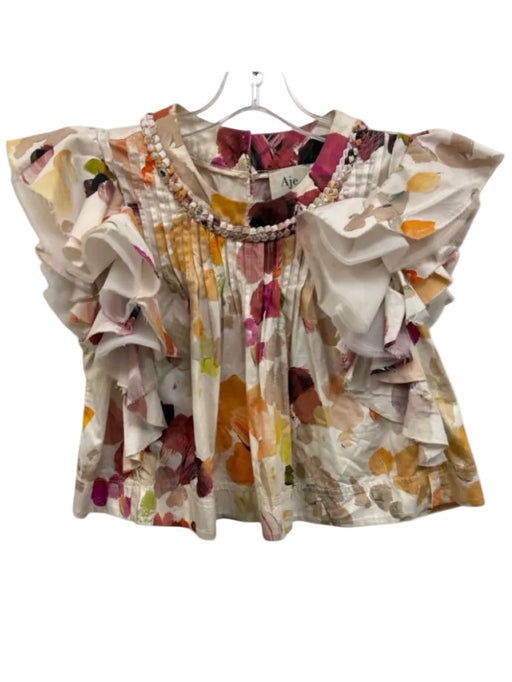 Aje Size 8 White, Pink, Orange Cotton Flutter Cap sleeve Paint Strokes Top White, Pink, Orange / 8
