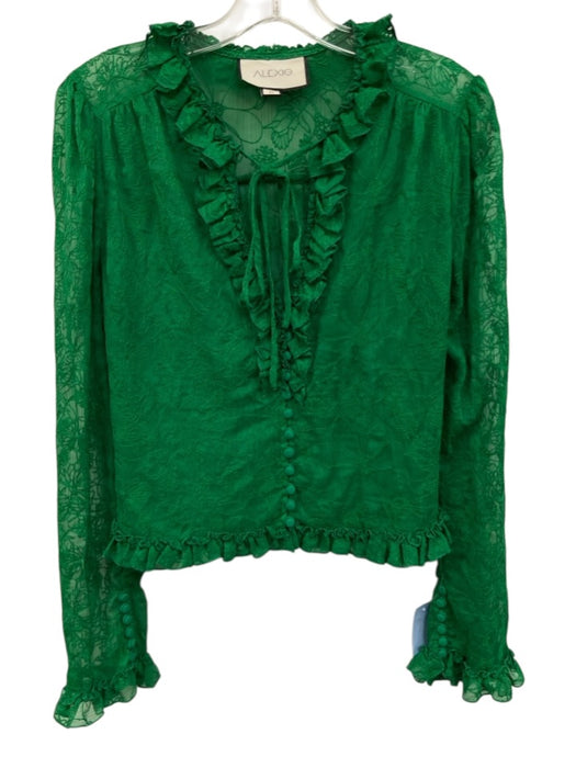 Alexis Size Medium Green Polyester Long Sleeve Floral Embroidery Ruffles Top Green / Medium