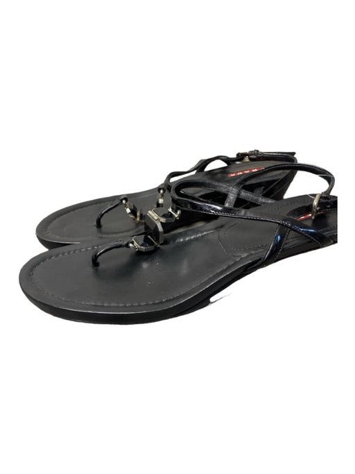 Prada Shoe Size Est 8.5 Black Patent Leather Thong Gem Detail Ankle Buckle Shoes Black / Est 8.5